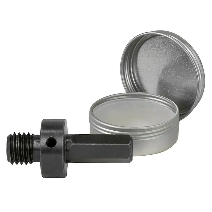 Stayer Adaptador de corona - Específico para: Taladros - Imagen de un adaptador de tornillo y una lata de pasta de pulir, ideal para trabajar superficies y materiales.
