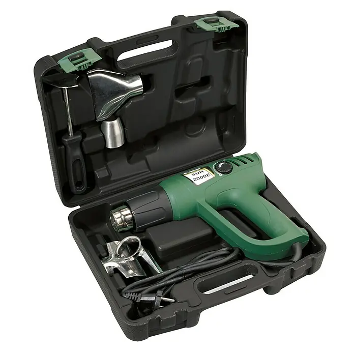 Stayer Pistola de aire caliente SUH2000EK - 2.000 W, 50 °C - 600 °C - Imagen de una pistola de calor en su estuche con boquillas. Una herramienta práctica para diversas aplicaciones.