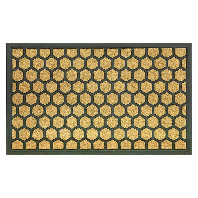 Estera atrapapolvo Hexagon - Beige/Marrón, 75 x 45 cm - Alfombra con estampado hexagonal. La alfombra tiene un borde negro y una superficie con recortes hexagonales rellenos de fibras de coco.