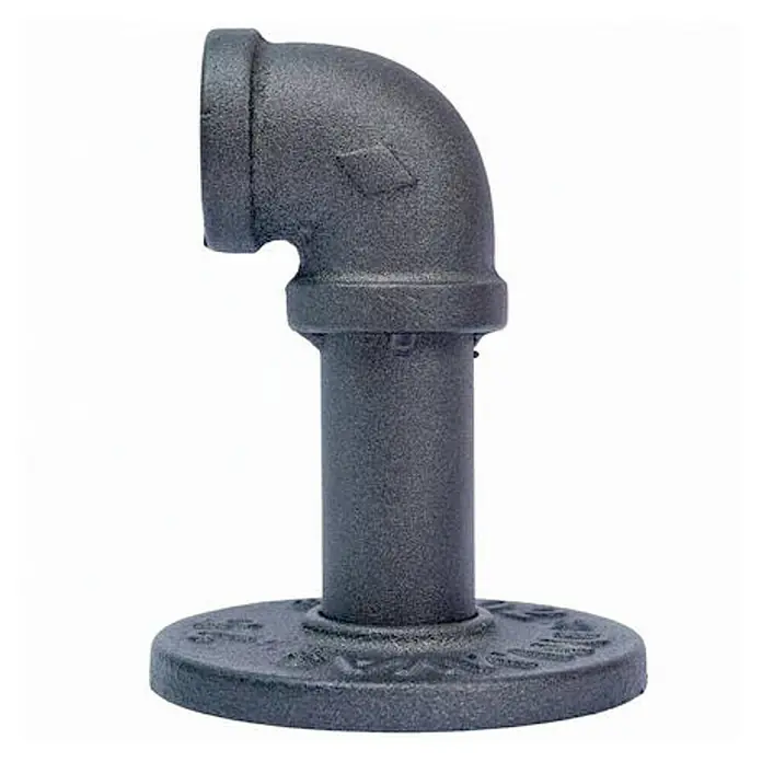 Soporte de pared ángulo Ferro System - L x An x Al: 9 x 8,1 x 8,1 cm, Metal, Gris plomo - Vista detallada de un accesorio de tubería negro de estilo industrial con brida, ideal para proyectos de mobiliario y decoración elegantes.
