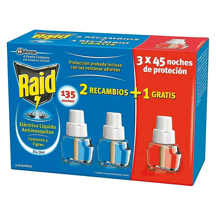 Raid Producto anti-insectos eléctrico líquido REC recambios - 3 ud. - Imagen de un paquete de repelente eléctrico de mosquitos Raid con tres recambios, que proporciona 135 noches de protección.
