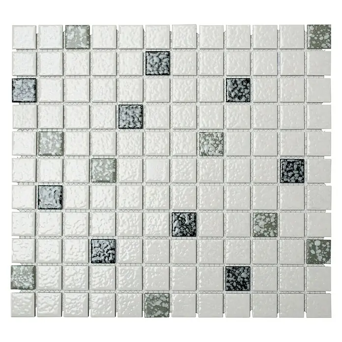 Mosaikfliese Quadrat Mix TD 180N - 30,5 x 30,5 cm, Weiß/Schwarz, Glänzend - Nahaufnahme der quadratischen Mosaikfliese in Weiß und Grau, ideal für Badezimmer- und Küchenrückwände.