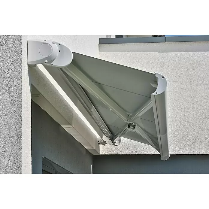 Deyo Limassol Vollkassettenmarkise - Anthrazit, Farbe Gestell: Signalweiß, Breite: 5,5 m, Ausfall: 3,5 m - Detailaufnahme