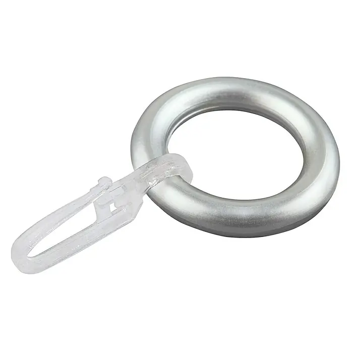 Expo Ambiente Gardinenring - 10 Stk., Silber - Nahaufnahme eines Vorhangrings mit Clip-Haken, ideal zum einfachen Aufhängen von Gardinen und Vorhängen.