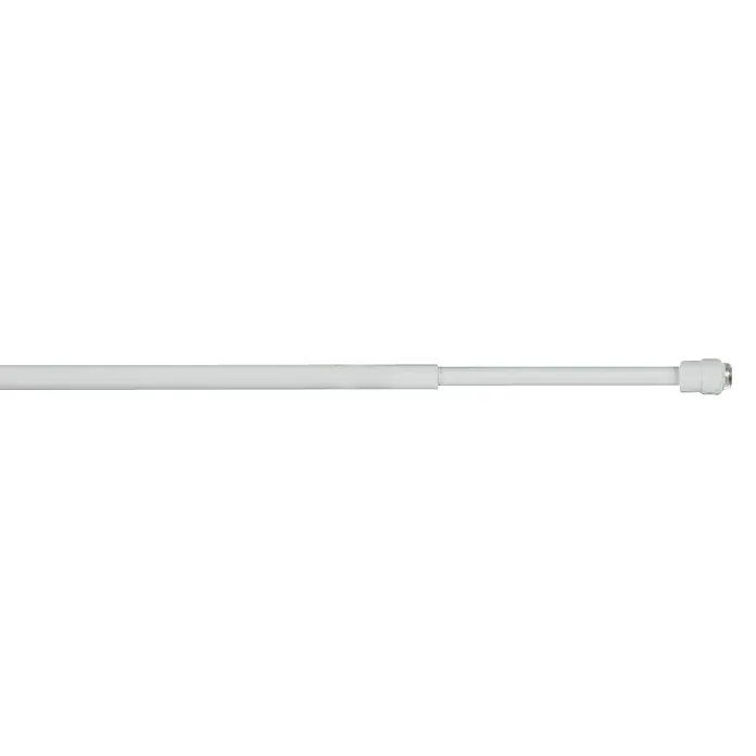 Expo Ambiente Klemmstange Press - Auszugslänge: 60 cm - 90 cm, Weiß, Gesamtstückzahl: 1 Stk., Metall - Nahaufnahme einer ausziehbaren, weißen Duschstange mit einer Armatur an einem Ende vor einem schwarzen Hintergrund.