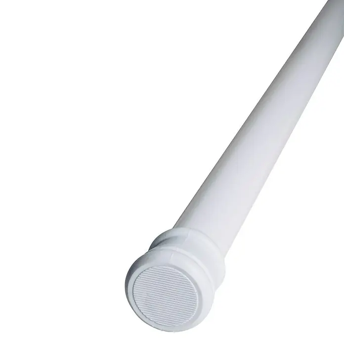 Expo Ambiente Spannstange - Weiß, Auszugslänge: 125 cm - 220 cm, Gesamtstückzahl: 1 Stk. - Nahaufnahme einer weißen, ausziehbaren Duschstange mit geriffeltem Endstück auf schwarzem Hintergrund.