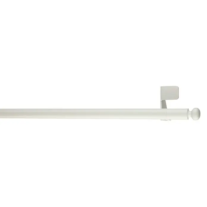 Expo Ambiente Klemmstange Ball - Auszugslänge: 30 cm - 50 cm, Weiß, Metall - Nahaufnahme einer weißen, verstellbaren Gardinenstange mit Endknopf und Wandhalterung, ideal für die Fensterdekoration und zur flexiblen Anpassung.
