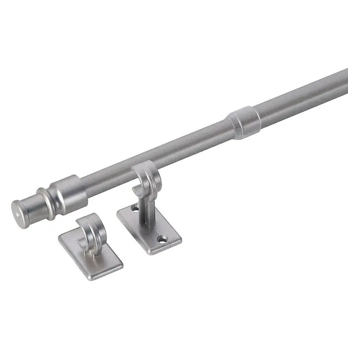 Expo Ambiente Cafehausstange Aura - Auszugslänge: 55 cm - 85 cm, Silber, 1 Stk. - Nahaufnahme einer silbernen ausziehbaren Gardinenstange mit Halterungen, die ein elegantes und funktionales Design für Fensterdekoration zeigt.