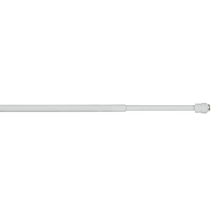 Expo Ambiente Klemmstange Press - Auszugslänge: 80 cm - 120 cm, Weiß, Gesamtstückzahl: 1 Stk., Metall - Eine weiße Duschstange erstreckt sich horizontal vor einem schwarzen Hintergrund und verleiht Ihrem Badezimmer einen Hauch von Eleganz und Funktionalität.