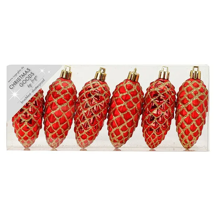 Christbaumschmuck Zapfen - Rot, Kunststoff, 6 Stk. - Sechs rote und goldene Inge-Glas Christbaumschmuck Zapfen in einer transparenten Verpackung, bruchfest und mit Glitzer verziert.