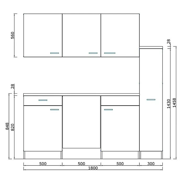 Respekta Singleküche Malia - Breite: 180 cm, Weiß/Grau, Mit Glaskeramikkochfeld - Küchenskizze mit Maßen. Übersichtliches Design mit Ober- und Unterschränken, ideal für die Küchenplanung.