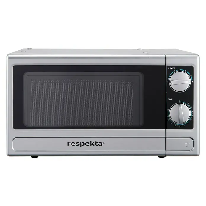 Respekta Singleküche Malia - Breite: 180 cm, Weiß/Grau, Mit Glaskeramikkochfeld und Mikrowelle - Silberfarbene Respekta Mikrowelle mit zwei Drehknöpfen für Leistung und Zeit.