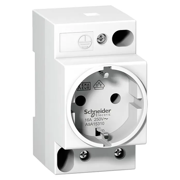 Schneider Electric Steckdose für Hutschiene - 50 Hz - 60 Hz, 16 A - Nahaufnahme einer weißen Schuko-Steckdose von Schneider Electric mit 16A und 250V, ideal für den Einsatz in europäischen Haushalten.
