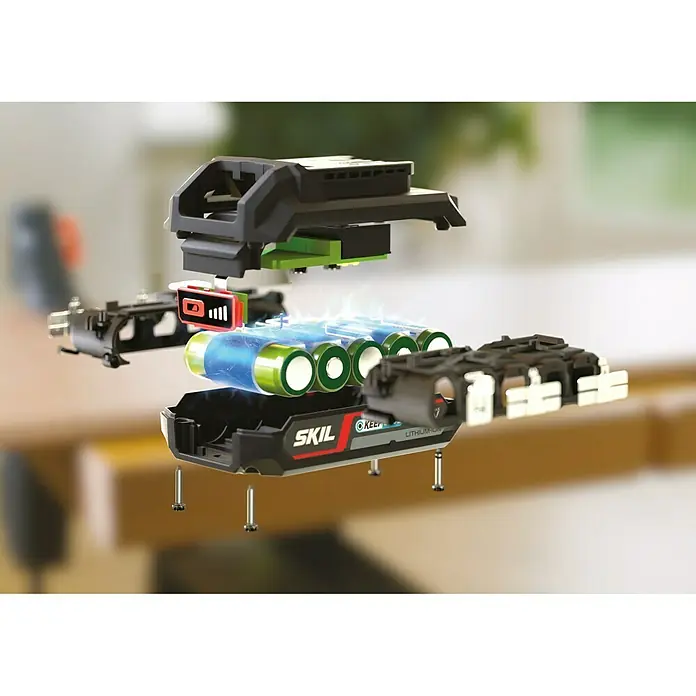 Skil PWRCore 20V Batería Energy Platform 3104 AA - 20 V, 4 Ah - Vista explosionada de una batería de iones de litio SKIL, que muestra la estructura interna y la composición de la batería.