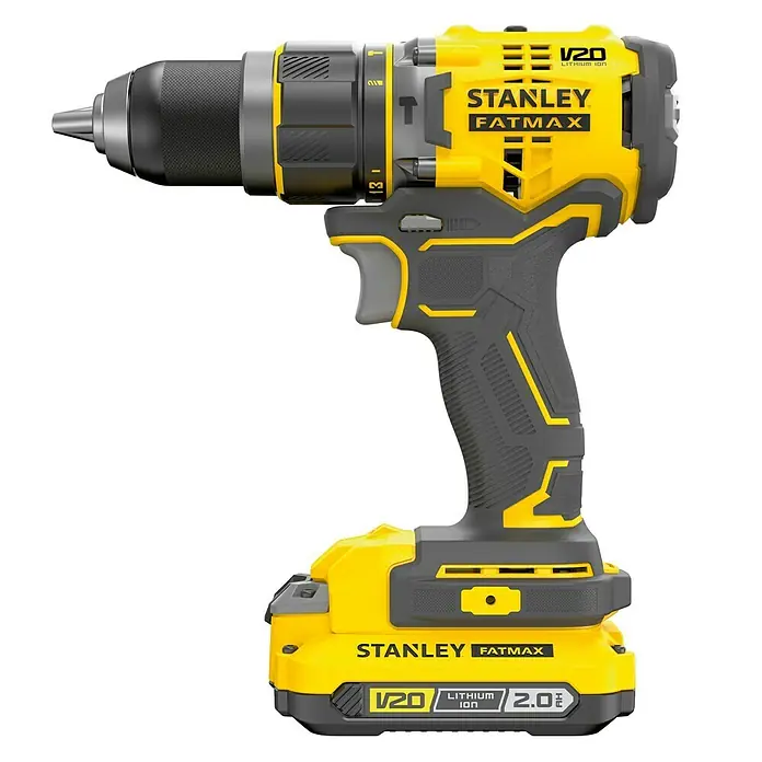 Stanley FatMax Taladro atornillador percutor de batería SFMCD721D2K -  - Imagen de un taladro inalámbrico Stanley Fatmax V20 amarillo y gris, imprescindible para cualquier aficionado al bricolaje.
