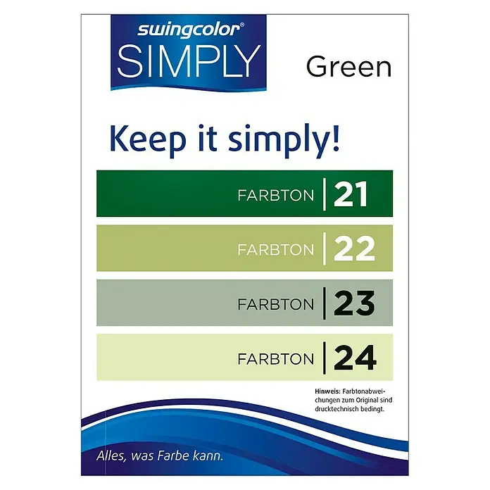 swingcolor Farbtester SIMPLY Wohnraumfarbe - Grün - Nr. 22, Matt, 50 ml - Farbfächer mit verschiedenen Grüntönen von Swingcolor Simply, ideal für die Wandgestaltung im Innenbereich.