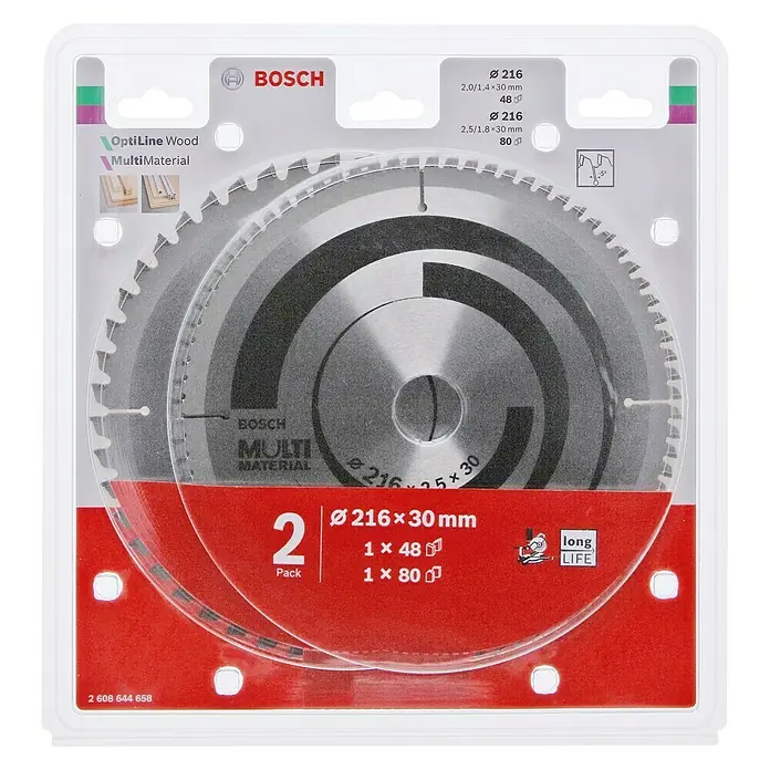 Bosch Kreissägeblatt Optiline Wood + Multi Material - 216 mm, Bohrung: 30 mm, Gesamtumfang: 2 -tlg. - Eine Packung Bosch Optiline Holzsägeblätter, Multimaterial, mit zwei Sägeblättern in den Größen 216 x 30 mm, ideal für Holz und andere Materialien.