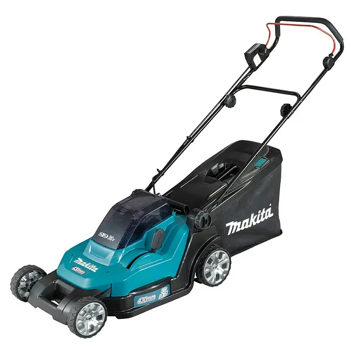 Makita LXT 18V Akku-Rasenmäher DLM432PT2 - 18 V, 2 Akkus, 5 Ah, Schnittbreite: 43 cm - Ein grüner und schwarzer Makita Akku-Rasenmäher mit Fangkorb, der auf einem schwarzen Hintergrund steht.