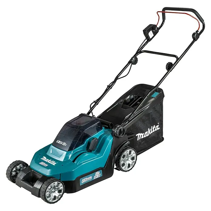 Makita LXT 18V Akku-Rasenmäher DLM382PM2 - 36 V, 2 Akkus, 4 Ah, Schnittbreite: 38 cm - Abbildung eines Makita Akku-Rasenmähers mit Grasfangkorb. Kompaktes Design, ideal für kleine bis mittelgroße Gärten.