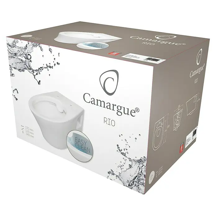 Camargue Rio Wand-WC - Spülrandlos, Ohne Spezialglasur, Spülform: Tief, WC Abgang: Waagerecht, Weiß - Karton mit Camargue Rio Wand-Tiefspül-WC mit Easy Clean-Funktion, hygienisch und modern für jedes Badezimmer.