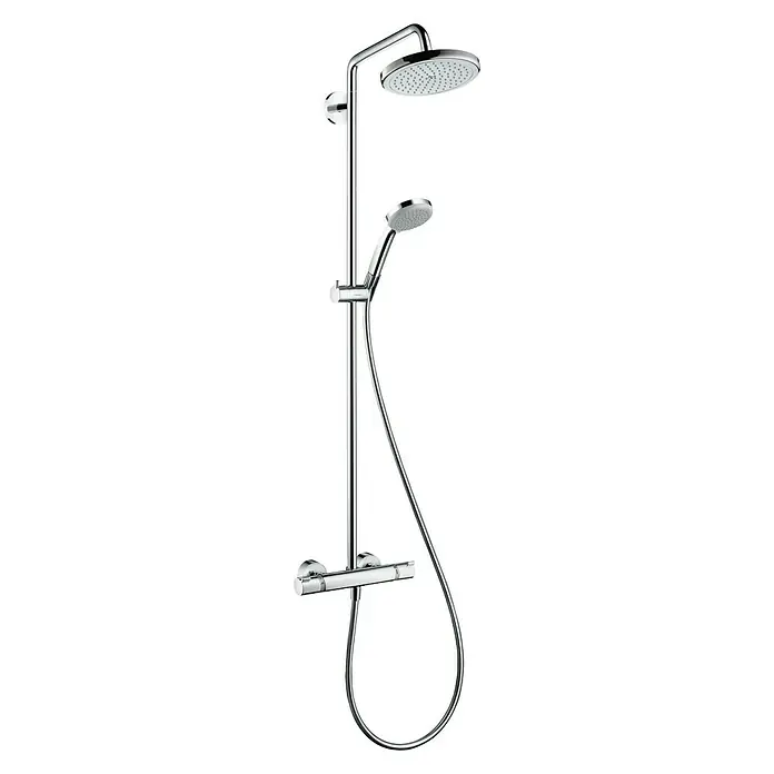 Hansgrohe Duschsystem Croma Showerpipe 220 - Mit Thermostatarmatur, Lochabstand: 103,8 cm, Anzahl Strahlarten: 4 Stk., Chrom - Abbildung einer modernen Chrom-Duschgarnitur mit Kopf- und Handbrause, ideal für ein stilvolles Badezimmer.
