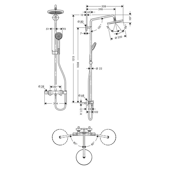 Hansgrohe Hoofddoucheset Croma Showerpipe 220 (Met thermostaatkraan, Gatafstand: 103,8 cm, Aantal functies: 4, Chroom)