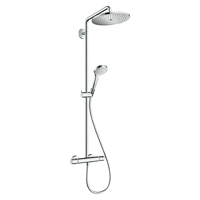 Hansgrohe Croma Select S Duschsystem Showerpipe 280 - Mit Thermostatarmatur, Lochabstand: 103,8 cm, Anzahl Strahlarten: 3 Stk., Chrom - Eine Chrom-Duschsäule mit Kopf- und Handbrause, Thermostatarmatur und Brauseschlauch. Das moderne Duschsystem für Ihr Badezimmer.