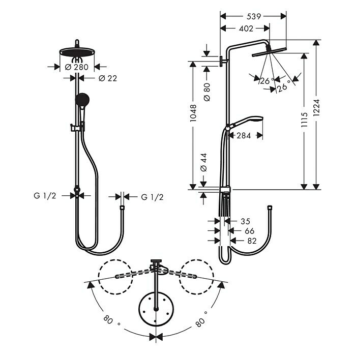 Hansgrohe Duschsystem Croma Select S Showerpipe 280Lochabstand: 104,8 cm, Anzahl Strahlarten: 3 Stk., Chrom Unknown