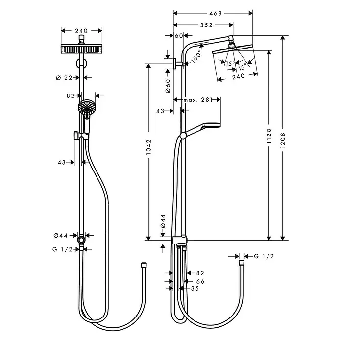 Hansgrohe Duschsystem Crometta E Showerpipe 240 - Lochabstand: 104,2 cm, Anzahl Strahlarten: 2 Stk., Chrom - Schematische Darstellung einer Duschgarnitur mit Maßen, inklusive Kopf- und Handbrause sowie flexiblen Schläuchen und Anschlüssen.