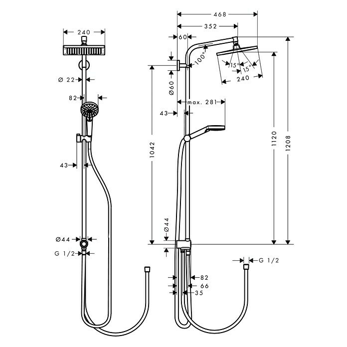 Hansgrohe Duschsystem Crometta E Showerpipe 240Lochabstand: 104,2 cm, Anzahl Strahlarten: 2 Stk., Chrom Unknown