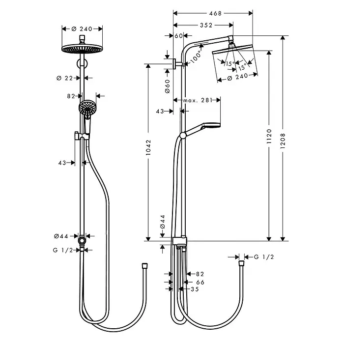 Hansgrohe Duschsystem Crometta S Showerpipe 240 - Lochabstand: 104,2 cm, Anzahl Strahlarten: 2 Stk., Chrom - Skizze