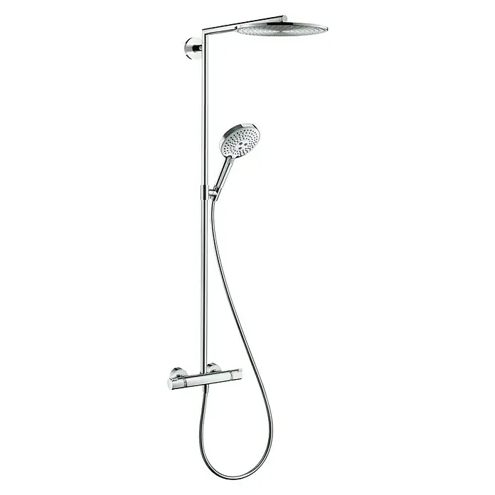 Hansgrohe Duschsystem Raindance S Showerpipe 300 - Mit Thermostatarmatur, Lochabstand: 108,3 cm, Anzahl Strahlarten: 3 Stk., Chrom - Chrom-Duschsäule mit Kopf- und Handbrause. Die Duscharmatur ist glänzend und modern.