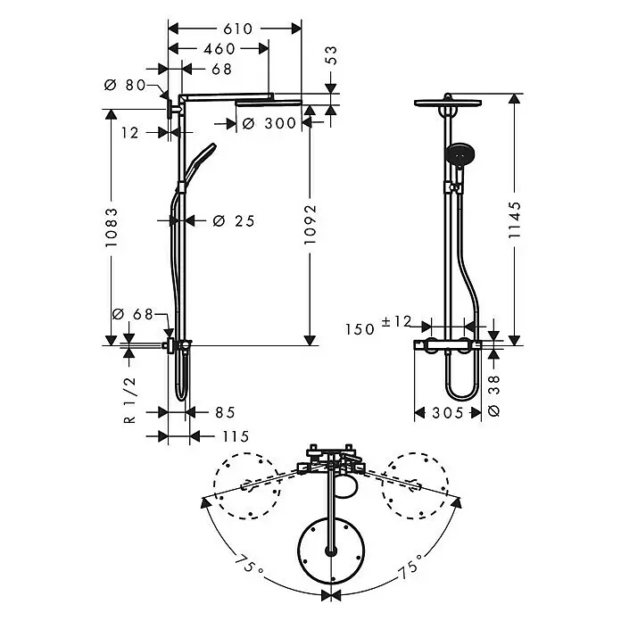 Hansgrohe Duschsystem Raindance S Showerpipe 300 - Mit Thermostatarmatur, Lochabstand: 108,3 cm, Anzahl Strahlarten: 3 Stk., Chrom
