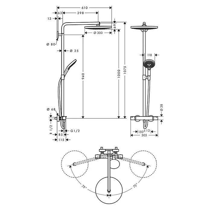 Hansgrohe Raindance Select S Duschsystem Raindance Select S Showerpipe 300 - Mit Thermostatarmatur, Lochabstand: 94 cm, Anzahl Strahlarten: 3 Stk., Chrom - Technische Zeichnung eines Duschsystems mit Kopf- und Handbrause, inklusive Maßangaben.