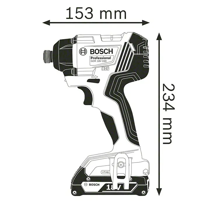 Bosch Professional AMPShare 18V Llave de impacto giratoria de batería GDR18-160 - 18 V, 2 baterías, 2 Ah - Ilustración del atornillador de impacto inalámbrico Bosch Professional GDR 18V-160, con ancho y alto.