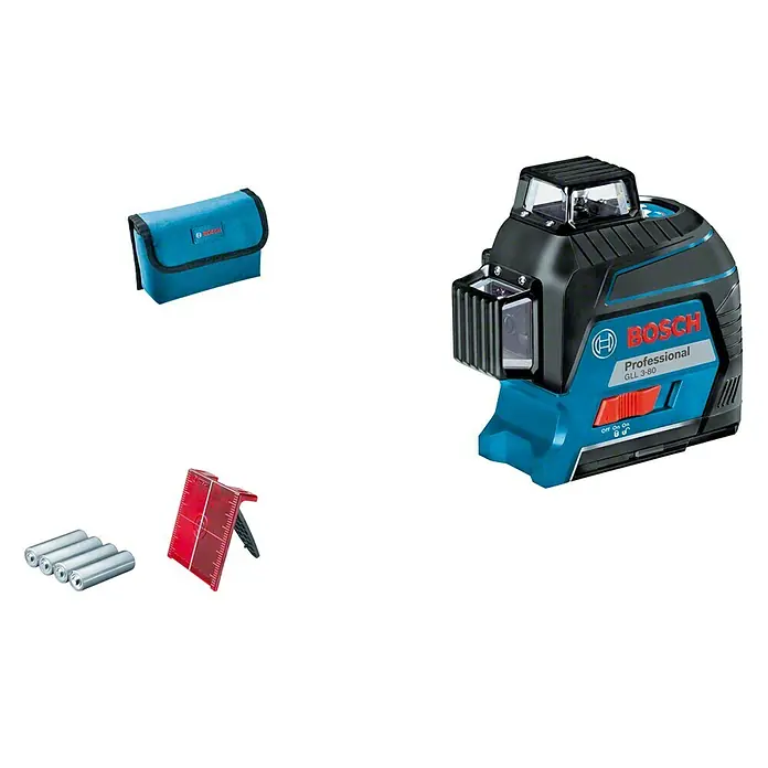 Bosch Professional Láser de línea GLL 3-80 - Zona de trabajo máx.: 30 m - Imagen de un láser de líneas Bosch GLL 3-80 Professional con accesorios, ideal para trabajos de nivelación de interiores precisos.