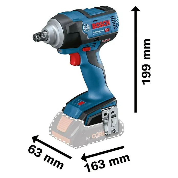 Bosch Professional AMPShare 18V Taladro atornillador de batería GDS 18 V-LI - 18 V, 2 baterías, 4 Ah, 300 Nm - Imagen de una llave de impacto inalámbrica Bosch GDS 18V-300 con dimensiones.\n