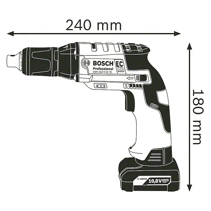 Bosch Professional Akku-Trockenbauschrauber GTB 12V-11 - 12 V, Ohne Akku, Inkl. Koffer - Abbildung eines Bosch Professional GSR 10,8 V-EC TE Akku-Bohrschraubers mit Größenangaben.