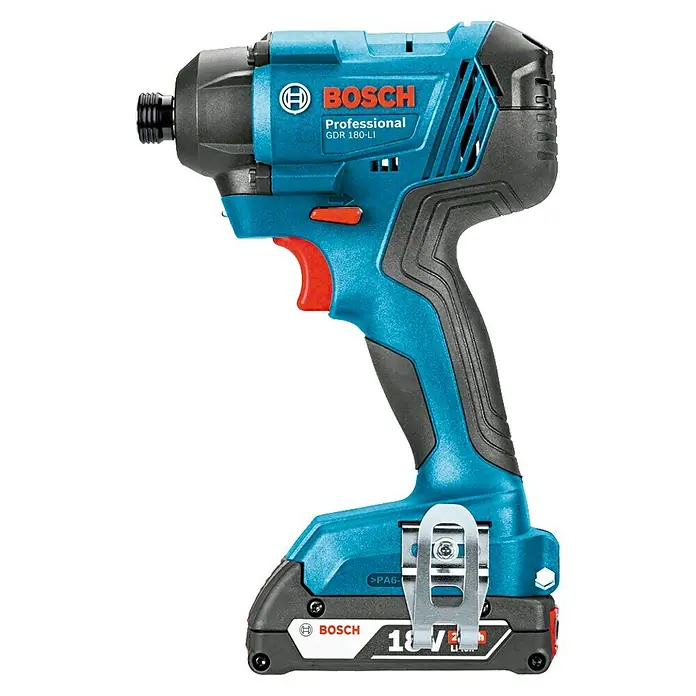 Bosch Professional AMPShare 18V Llave de impacto giratoria de batería GDR18-160 - 18 V, 2 baterías, 2 Ah - Atornillador de impacto inalámbrico azul Bosch GDR 180-LI Professional con gatillo rojo y mandril negro, ideal para profesionales.