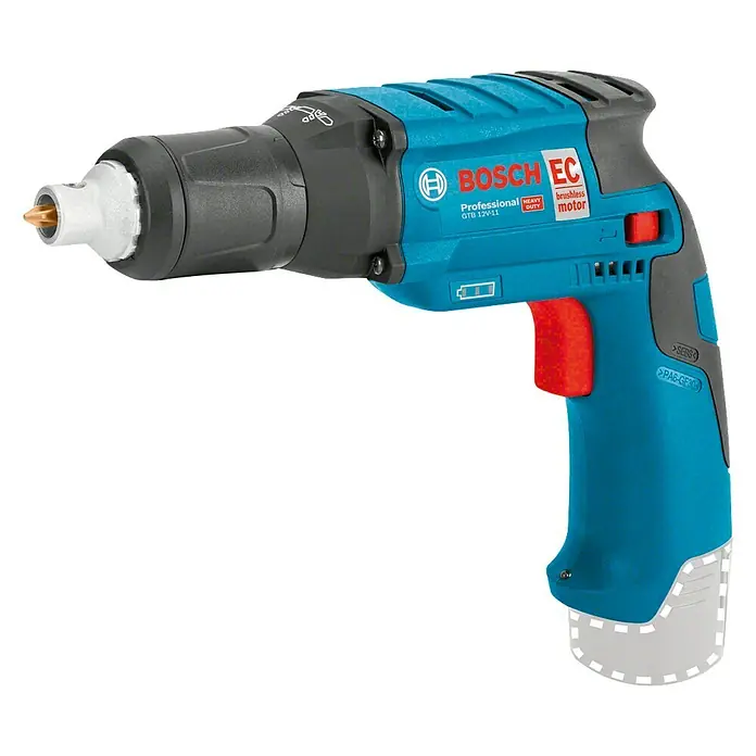 Bosch Professional Atornillador para placas de yeso de batería GTB 12V-11 LBoxx - 12 V, Sin batería, Incluye maletín - Atornillador inalámbrico Bosch GTB 12V-11 Professional con carcasa azul, gatillo rojo y accesorio gris.