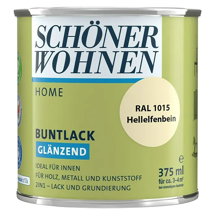 SCHÖNER WOHNEN-Farbe Home Buntlack - Hellelfenbein, Glänzend, 375 ml, Wasserbasiert - Dose Schöner Wohnen Buntlack Glänzend, Farbe RAL 1015 Hellelfenbein, 375 ml für Holz, Metall und Kunststoff. Ideal für Innenräume.