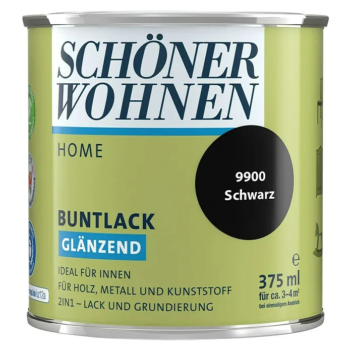 SCHÖNER WOHNEN-Farbe Home Buntlack - Schwarz, Glänzend, 375 ml, Wasserbasiert - Dose Schöner Wohnen Buntlack Glänzend in Schwarz 9900, ein Lack für Holz, Metall und Kunststoff im Innenbereich, mit 375ml Inhalt.