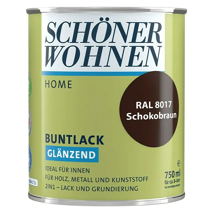 SCHÖNER WOHNEN-Farbe Home Buntlack - Schokobraun, Glänzend, 750 ml, Wasserbasiert - Dose Schöner Wohnen Buntlack glänzend, Farbton Schokobraun (RAL 8017), 750ml für Holz, Metall und Kunststoff im Innenbereich.