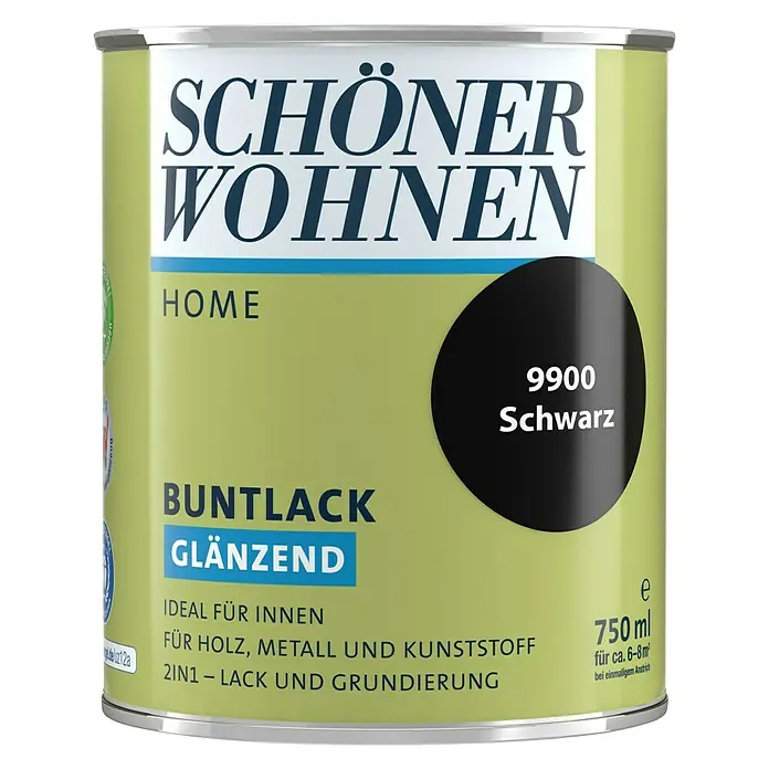 SCHÖNER WOHNEN-Farbe Home Buntlack - Schwarz, Glänzend, 750 ml, Wasserbasiert - Dose Schönner Wohnen Buntlack glänzend in Schwarz 9900 für Holz, Metall und Kunststoff, ideal für Innenräume.