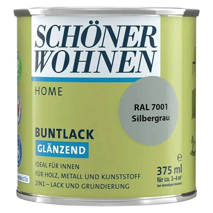 SCHÖNER WOHNEN-Farbe Home Buntlack - Silbergrau, Glänzend, 375 ml, Wasserbasiert - Dose Schönner Wohnen Home Buntlack glänzend RAL 7001 Silbergrau mit 375 ml Inhalt für Holz, Metall und Kunststoff.