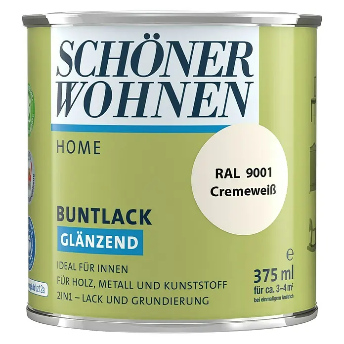 SCHÖNER WOHNEN-Farbe Home Buntlack - Cremeweiß, Glänzend, 375 ml, Wasserbasiert - Farbdose "Schöner Wohnen Home Buntlack Glänzend" in Cremeweiß RAL 9001, ideal für Innenräume, für Holz, Metall und Kunststoff, 375 ml.