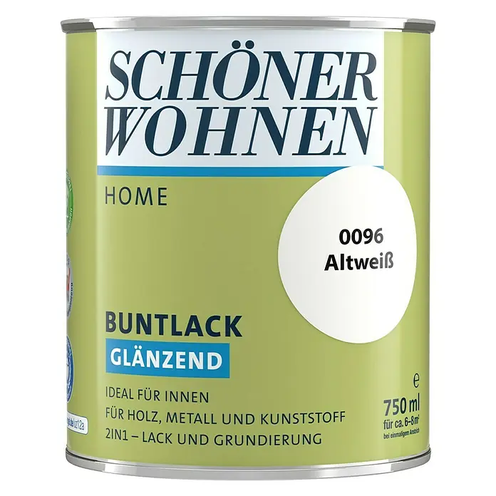 SCHÖNER WOHNEN-Farbe Home Buntlack - Altweiß, Glänzend, 750 ml, Wasserbasiert - Dose Schöner Wohnen Buntlack glänzend, Farbton Altweiß, 750 ml, ideal für Holz, Metall und Kunststoff, 2in1 Lack und Grundierung für Innen.