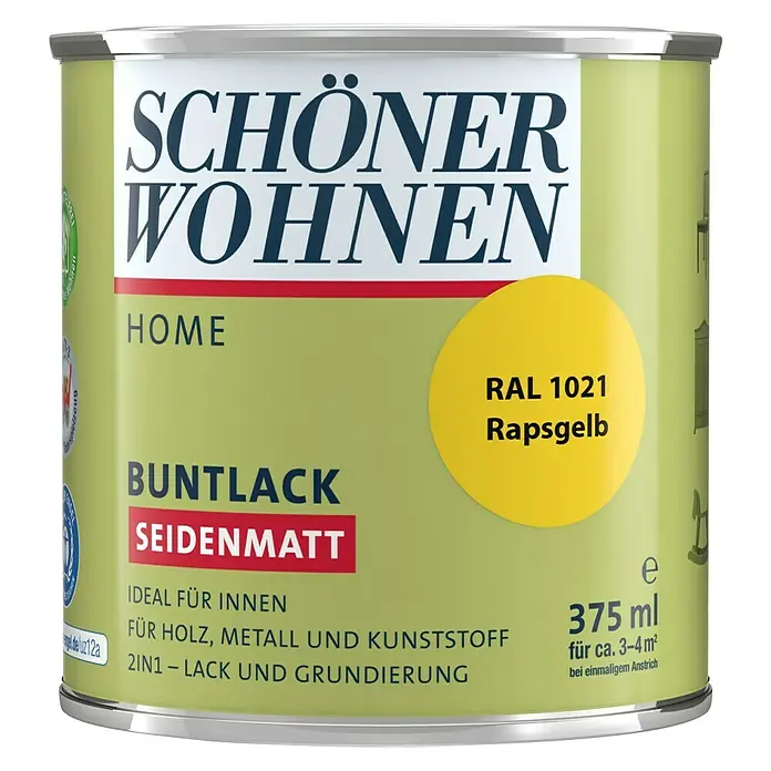 SCHÖNER WOHNEN-Farbe Home Buntlack RAL 1021 - Rapsgelb, Seidenmatt, 375 ml, Wasserbasiert - Dose Schöner Wohnen Home Buntlack Seidenmatt in Rapsgelb (RAL 1021), geeignet für Holz, Metall und Kunststoff im Innenbereich.