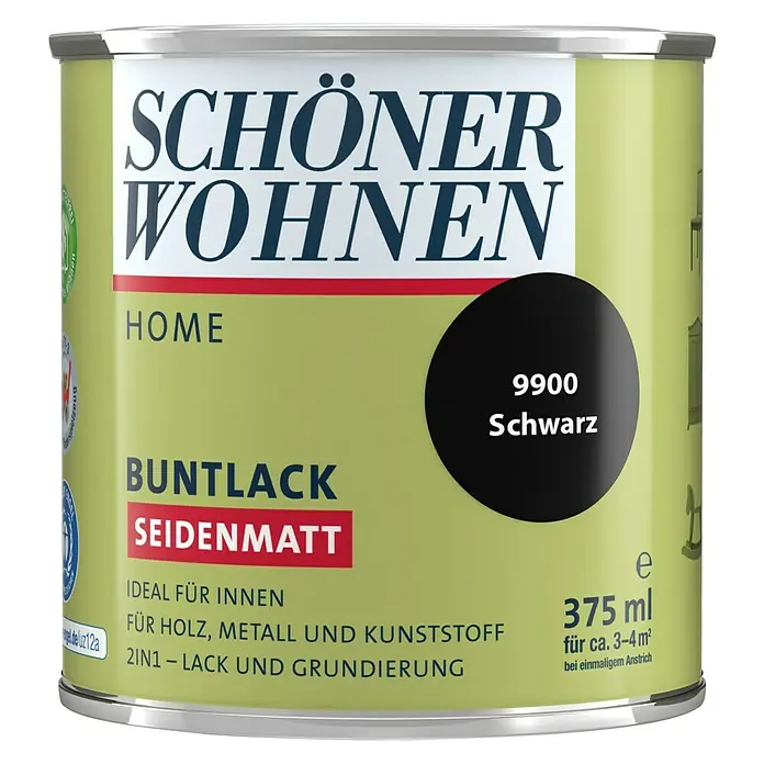 SCHÖNER WOHNEN-Farbe Home Buntlack - Schwarz, Seidenmatt, 375 ml, Wasserbasiert - Dose Schöner Wohnen Buntlack Seidenmatt, Farbe 9900 Schwarz, ideal für Holz, Metall und Kunststoff im Innenbereich, 375 ml für ca. 3-4 m².