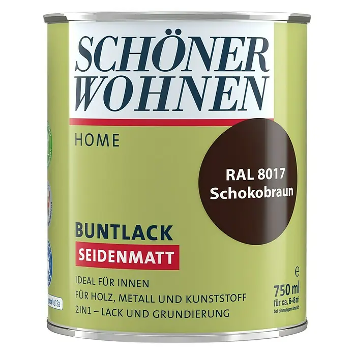 SCHÖNER WOHNEN-Farbe Home Buntlack RAL 8017 - Schokobraun, Seidenmatt, 750 ml, Wasserbasiert - Dose Schönner Wohnen Buntlack Seidenmatt Farbe Schokobraun RAL 8017, 750ml für Holz, Metall und Kunststoff.